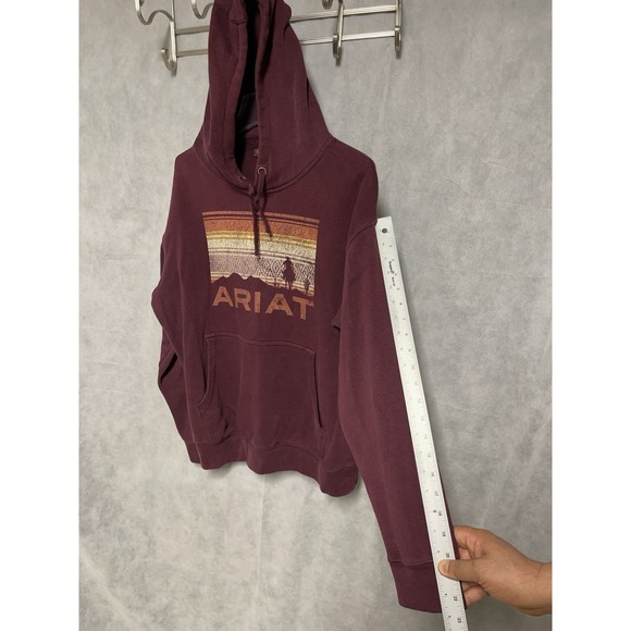 Ariat Hoodie Men M Burgundy Fleece Pullover‎ Drawstring Spell Out Casual Outdoor - Picture 4 of 10